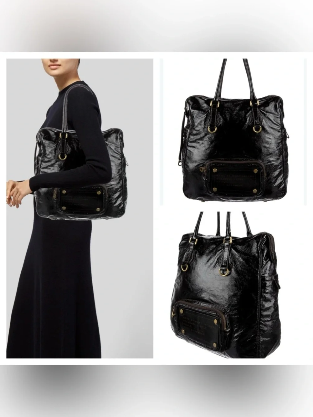 Marc by Marc Jacobs Black Patent Leather Tote with Front Pocket